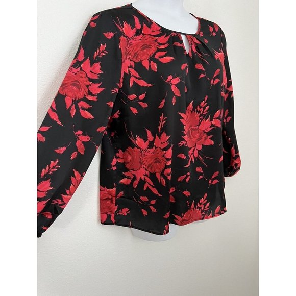 Talbots Womens Floral Popover Blouse Size XL Petite Red Black Long Sleeve Satin - Picture 2 of 7